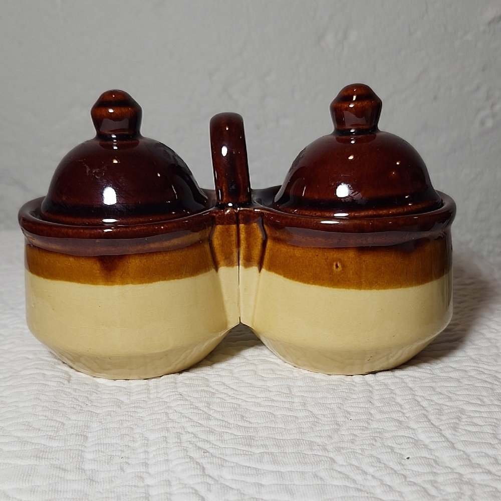 Vintage Ceramic Brown and Tan Condiment Set - Picture 2 of 4